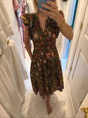 Ulla Johnson  Ruffle Sleeve Midi Dress - Green Multi